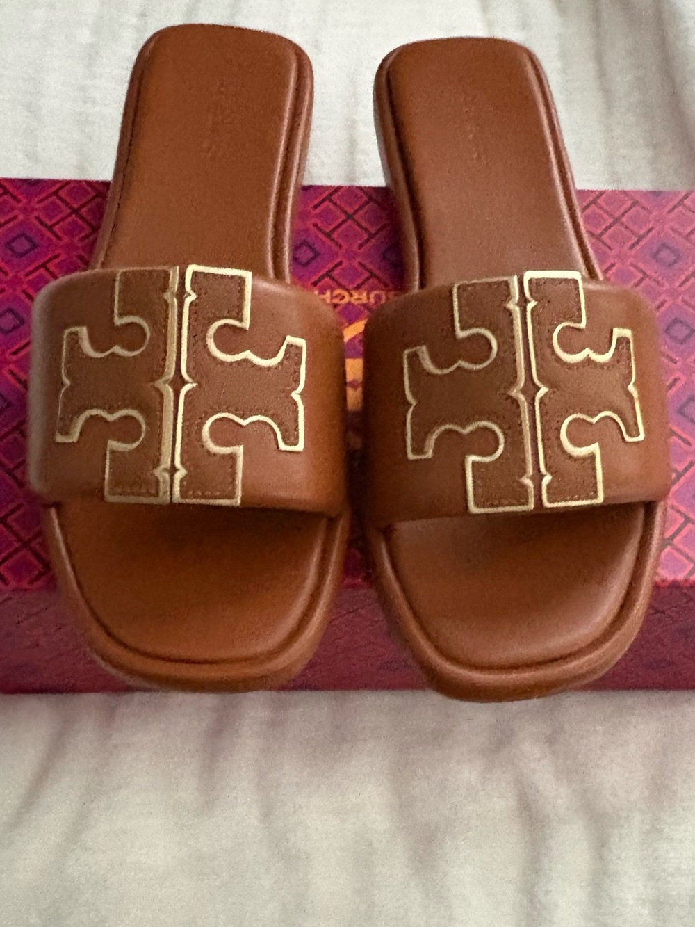 Tory Burch Double T Sport Slide Sandals Bourbon Miele Brown Women’s 8.5 Like New